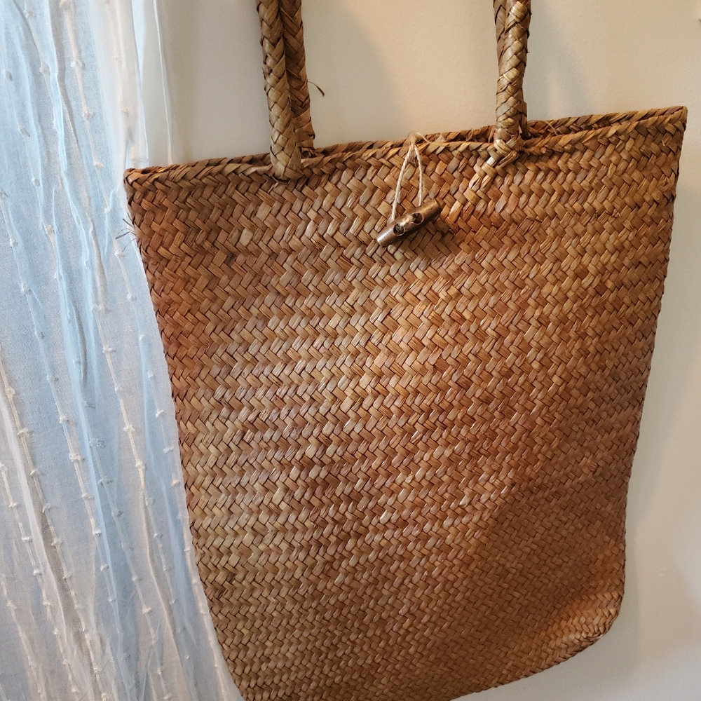 Eco friendly Cane Handmade/Straw Top Tote/ large bag and toggle button Closure